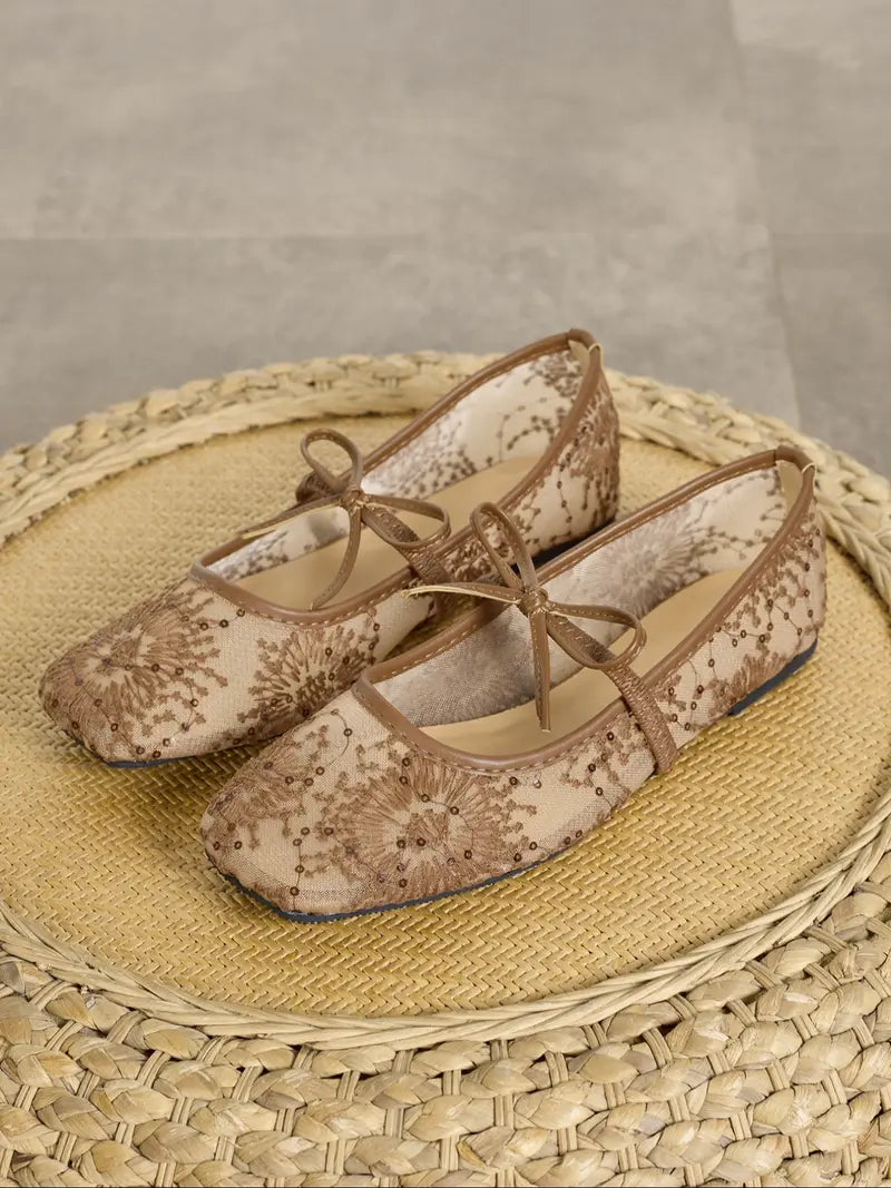 Women's Embroidered Mesh Netted Ballet Flats