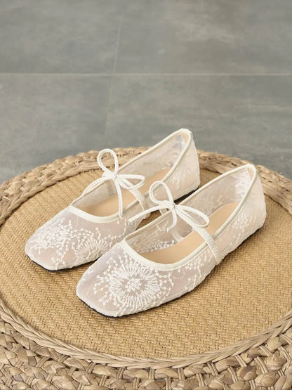 Women's Embroidered Mesh Netted Ballet Flats