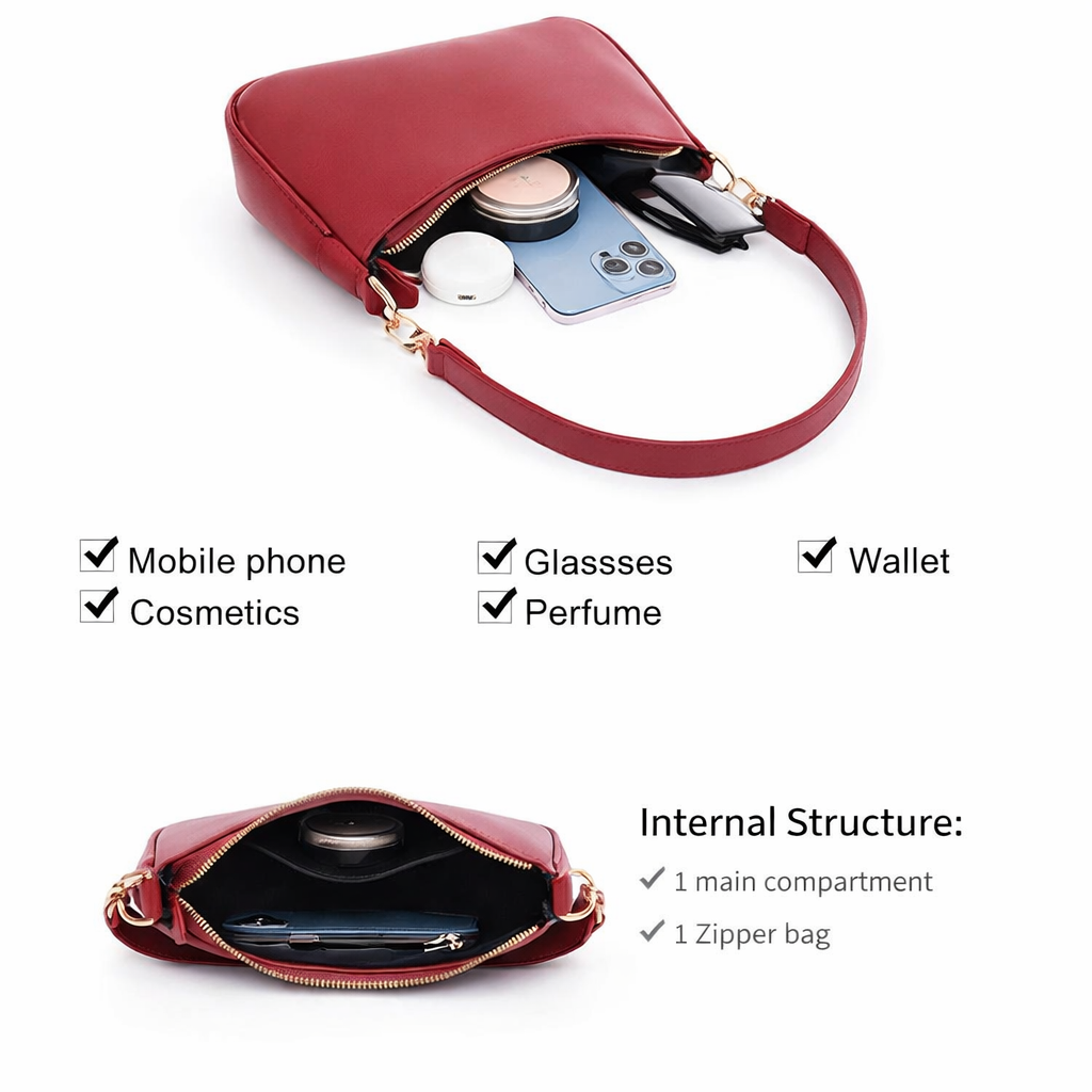 Stylish Shoulder Bag for Women with 2 Removable Straps and Zipper Closure Crossbody